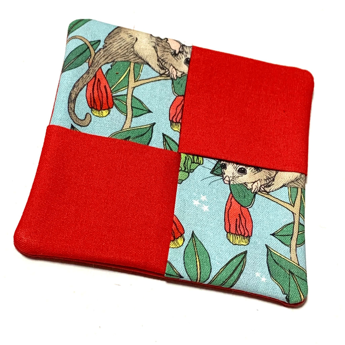 MUMMA WHOOPEE- SINGLE CHRISTMAS WINE GLASS SLIPPER/COASTERS- Christmas Possum and Red
