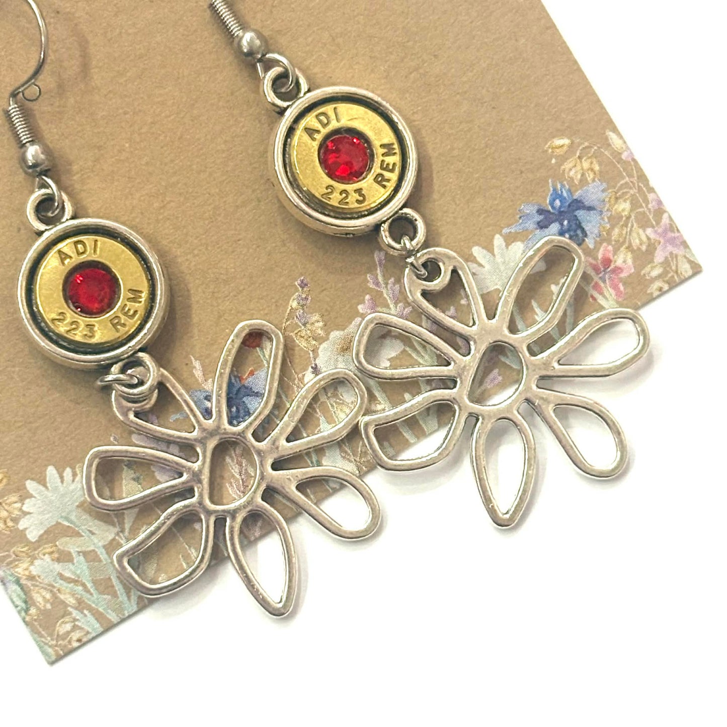 WILD BRASS- Flower Drops- Red Swarovski Crystal