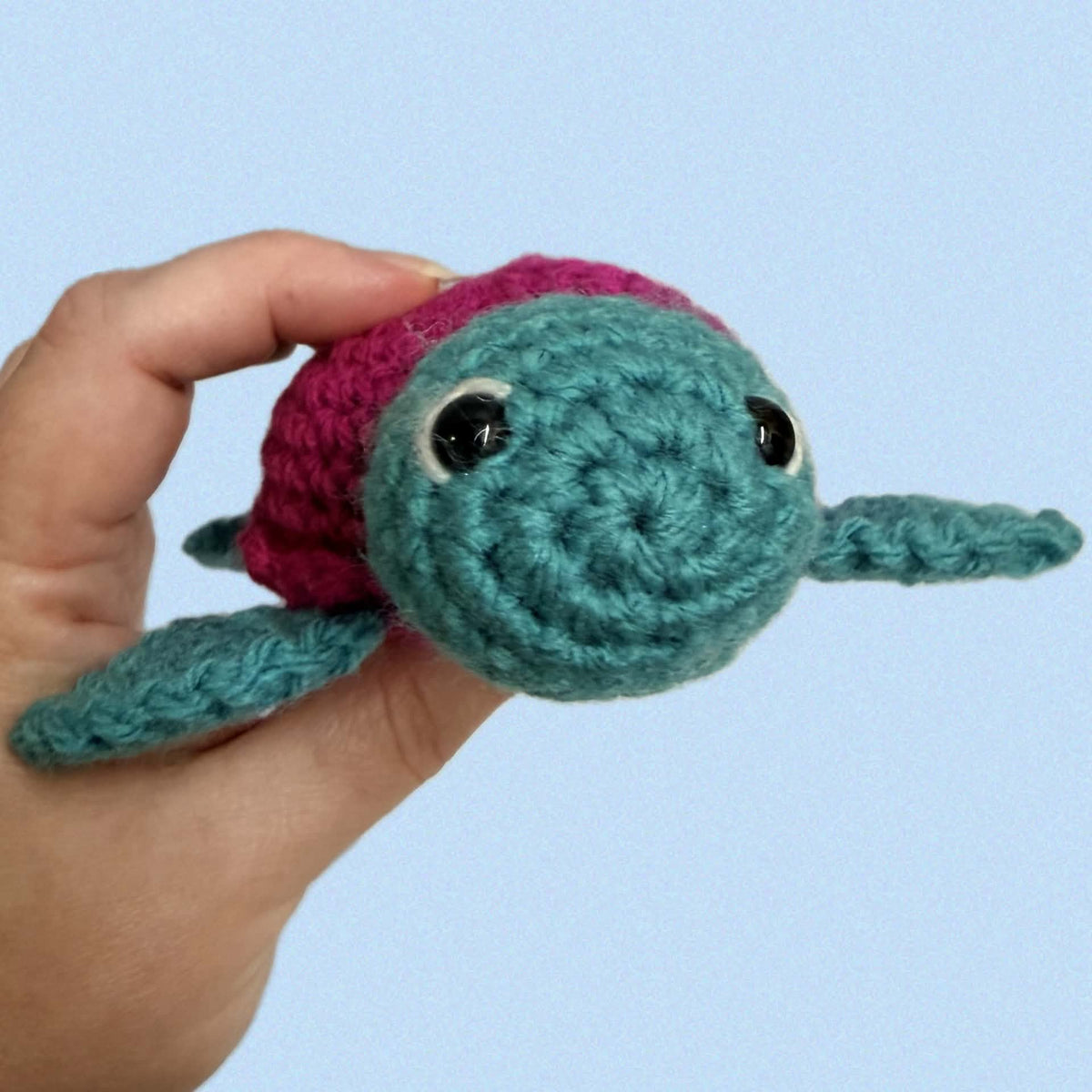 BEAKNITS-Crocheted Turtle - Raspberry Pink Shell (sage)