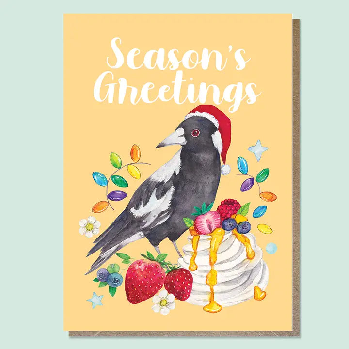 WATERCOLOURS BY CAT- AUSSIE ANIMAL & FOOD CHRISTMAS CARDS- Magpie & Pavlova