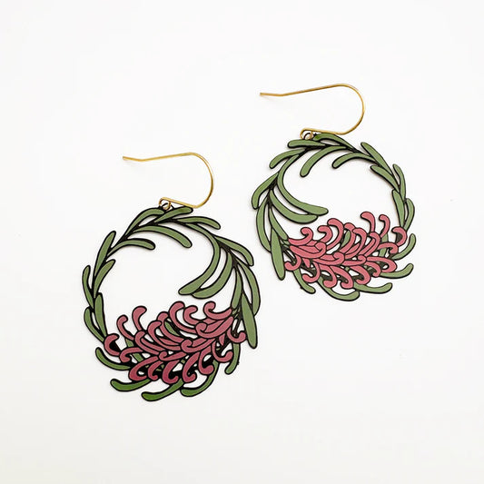 DENZ & CO- Grevillea Wreath earrings in Black/Green/Pink - DANGLE EARRINGS