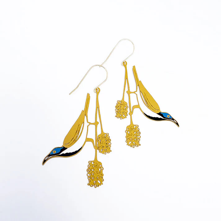 DENZ & CO - Blue Faced Honeyeater earrings in Honey/Blue/Black - DANGLE EARRINGS