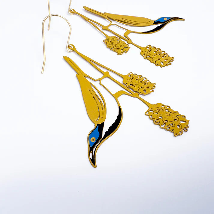 DENZ & CO - Blue Faced Honeyeater earrings in Honey/Blue/Black - DANGLE EARRINGS