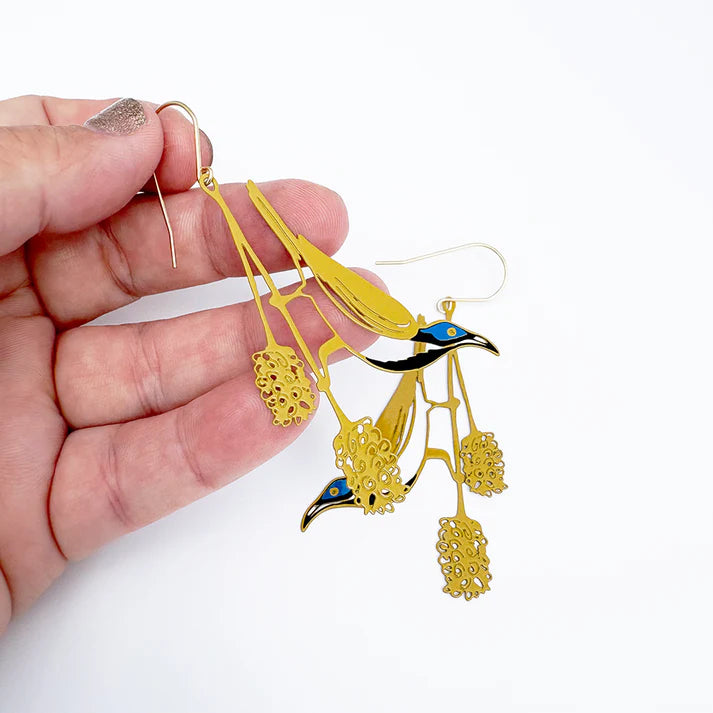DENZ & CO - Blue Faced Honeyeater earrings in Honey/Blue/Black - DANGLE EARRINGS