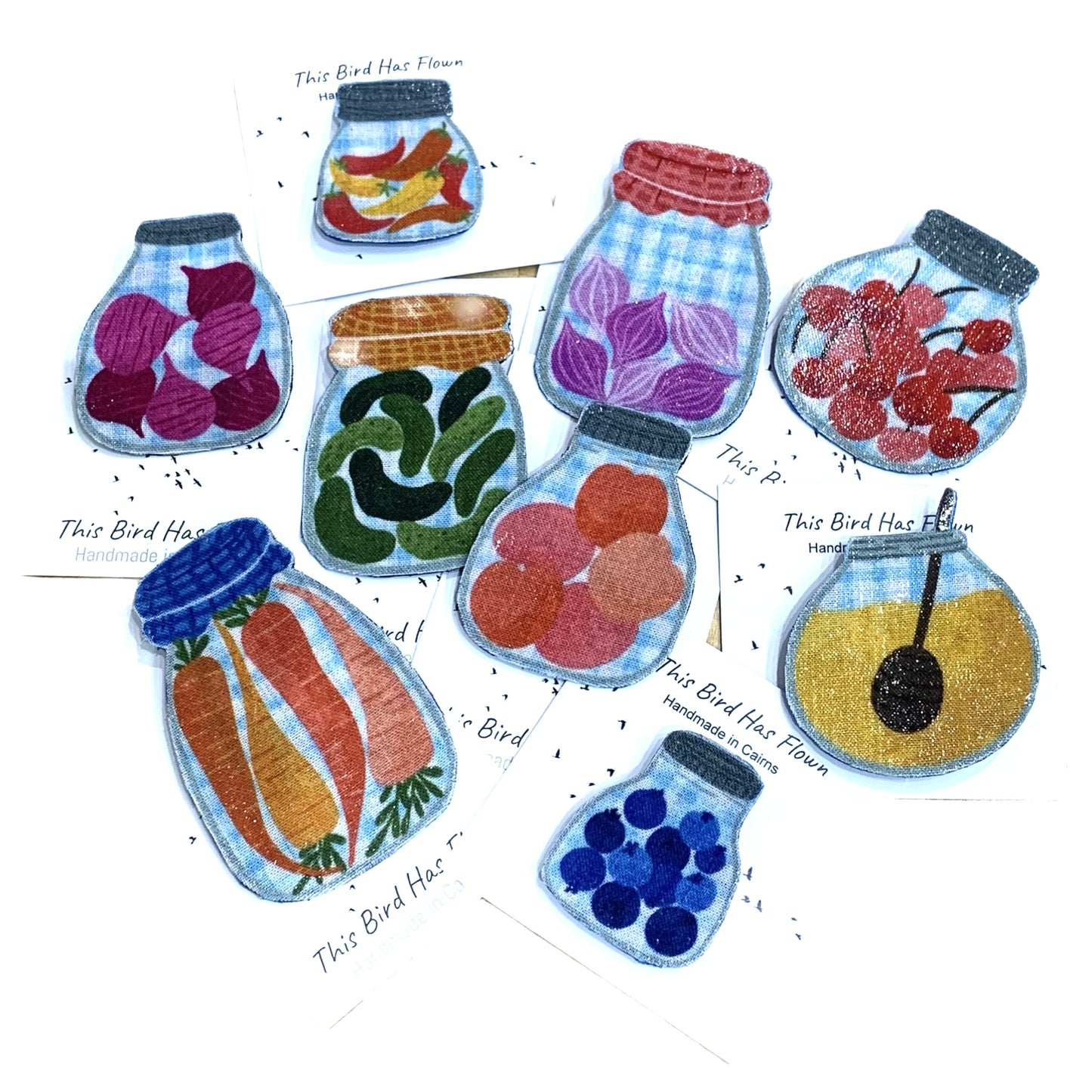 THIS BIRD HAS FLOWN- "Pickles & Preserves" Remnant Brooches- Large Pickled Carrots Jar