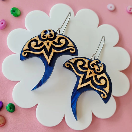 WAHBOO- Manta Ray Dangle Earrings - Marble Blue and Bamboo