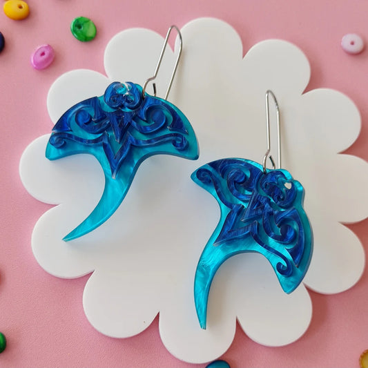 WAHBOO- Manta Ray Dangle Earrings - Light Blue and Dark Blue