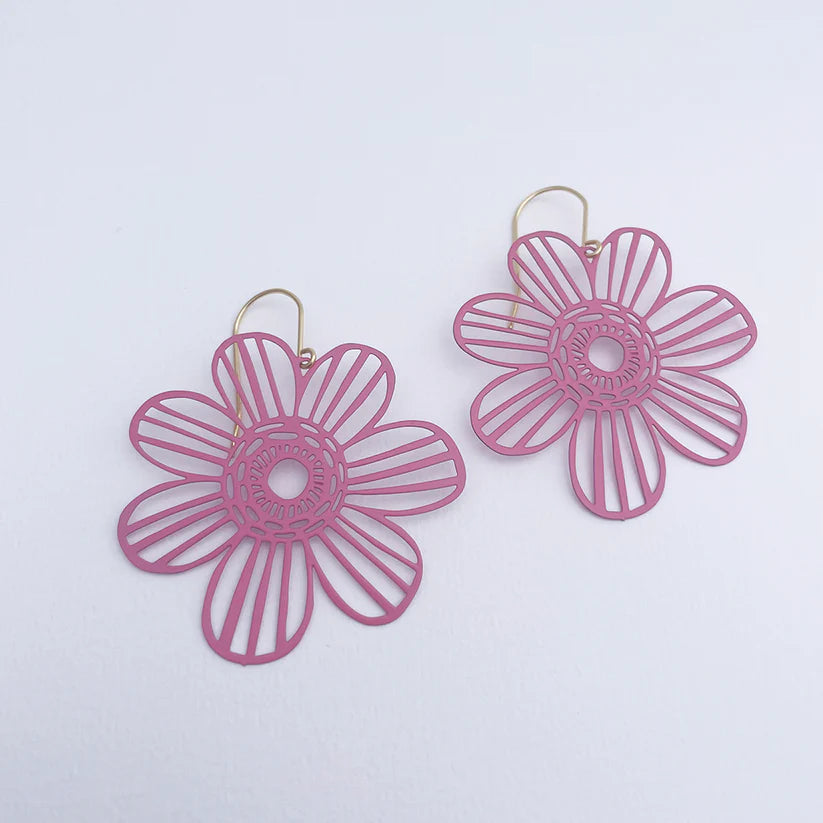 DENZ & CO- Midi Pink Flowers - painted steel - DANGLE EARRINGS