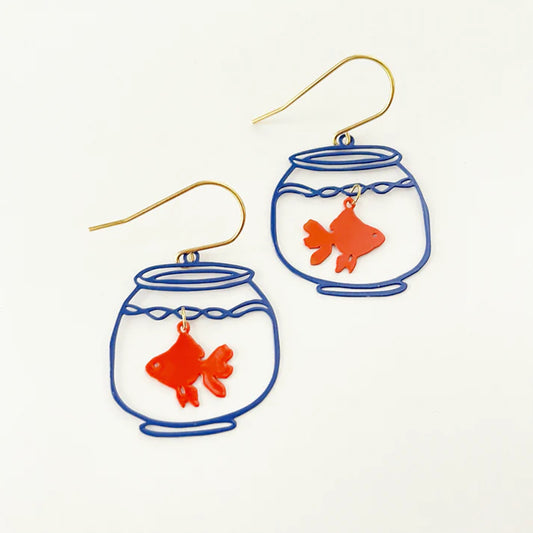 DENZ & CO - Mini Goldfish bowls blue/orange painted steel - DANGLE EARRINGS (Copy)