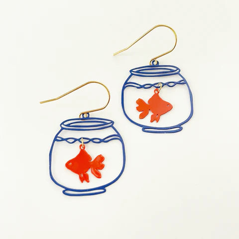 DENZ & CO- Mini Fishbowls in blue & orange - painted steel - DANGLE EARRINGS