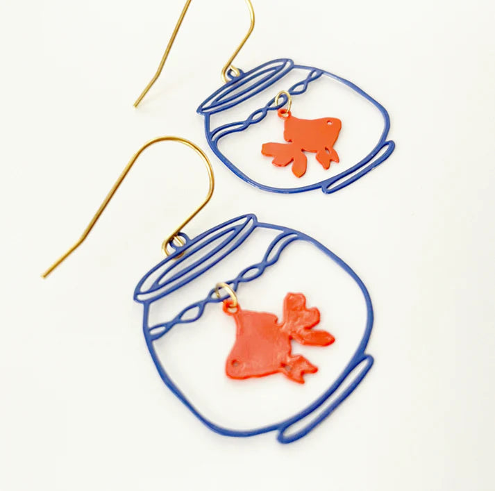 DENZ & CO - Mini Goldfish bowls blue/orange painted steel - DANGLE EARRINGS (Copy)