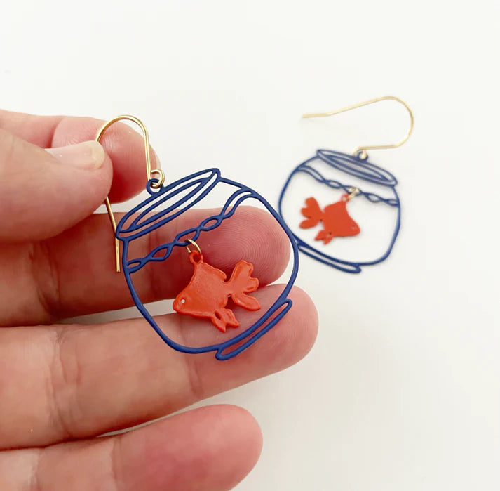 DENZ & CO - Mini Goldfish bowls blue/orange painted steel - DANGLE EARRINGS (Copy)