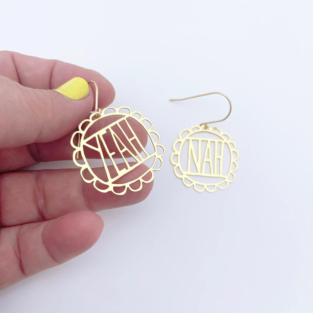 DENZ & CO- Mini "Yeah Nah" IN GOLD- DANGLE EARRINGS