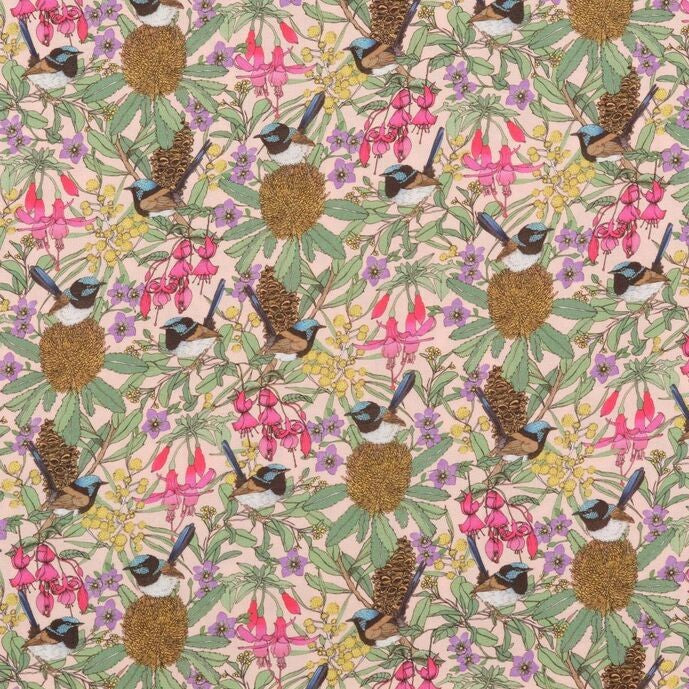 MUMMA WHOOPEE- "Fairy Wrens & Fuschia" Scenic Route Fabric- APRON