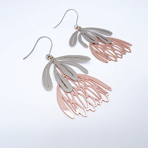 DENZ & CO- 2 Piece Protea flowers in Silver/Rose Gold - DANGLE EARRINGS