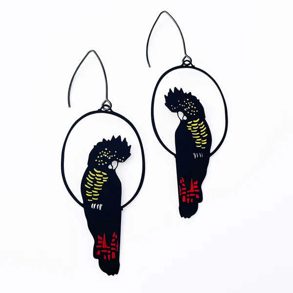 DENZ & CO- Red Tailed Black Cockatoo in Colour- DANGLE EARRINGS