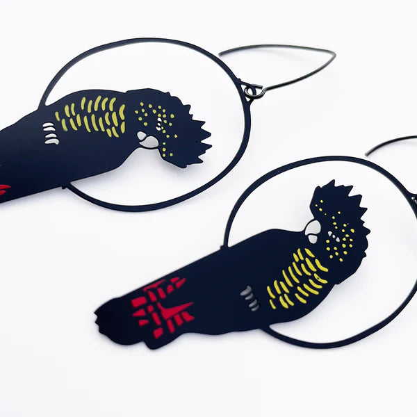 DENZ & CO- Red Tailed Black Cockatoo in Colour- DANGLE EARRINGS