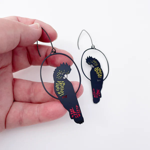 DENZ & CO- Red Tailed Black Cockatoo in Colour- DANGLE EARRINGS