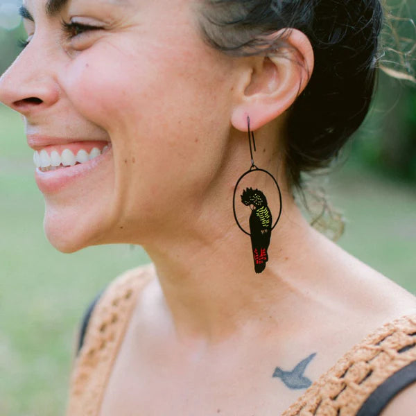 DENZ & CO- Red Tailed Black Cockatoo in Colour- DANGLE EARRINGS