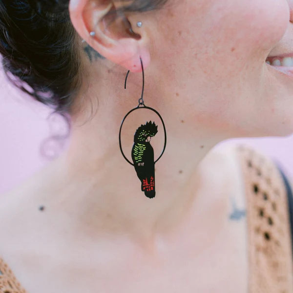 DENZ & CO- Red Tailed Black Cockatoo in Colour- DANGLE EARRINGS