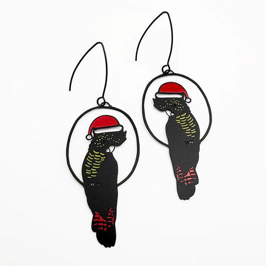 DENZ & CO- Christmas Red Tailed Cockatoos in Black/Red/Yellow - DANGLE EARRINGS