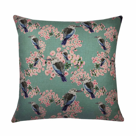 JOHN KLEIN- "Blue-winged Kookaburra and Pink Gum Blossom " Cushion Cover