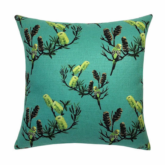 JOHN KLEIN- "Budgie & Banksia in Green" Cushion Cover