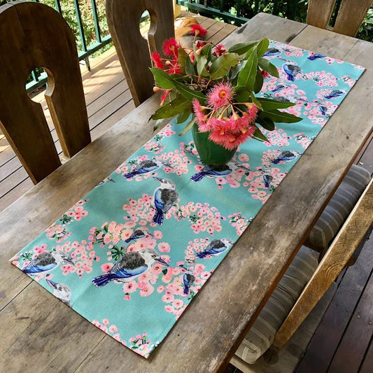 JOHN KLEIN- "Blue-winged Kookaburra and Pink Gum Blossom" Table Runner