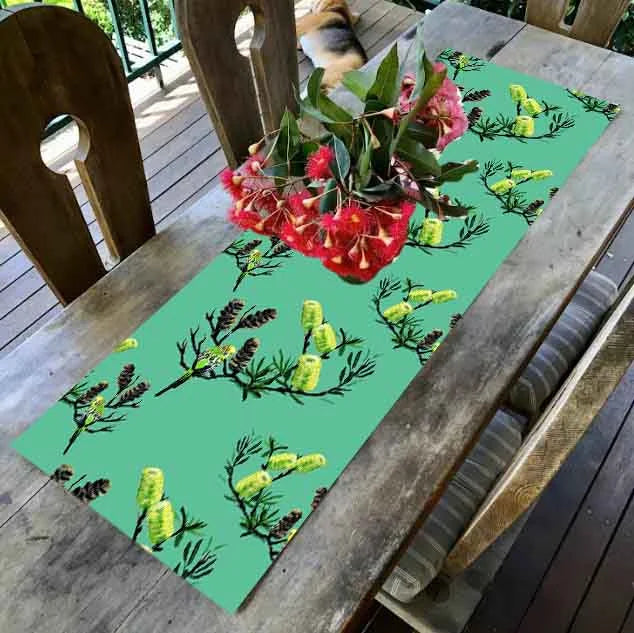 JOHN KLEIN- "Budgie & Banksia in Green" Table Runner