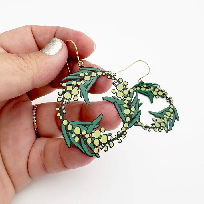 DENZ & CO- Wattle Wreath earrings in Black/Green/Yellow - DANGLE EARRINGS