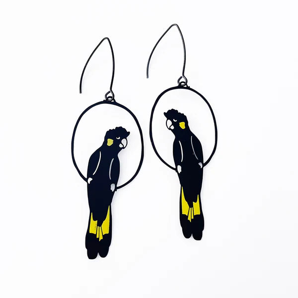 DENZ & CO- Yellow Tailed Black Cockatoo in Colour- DANGLE EARRINGS