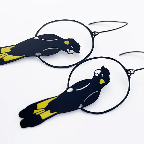 DENZ & CO- Yellow Tailed Black Cockatoo in Colour- DANGLE EARRINGS