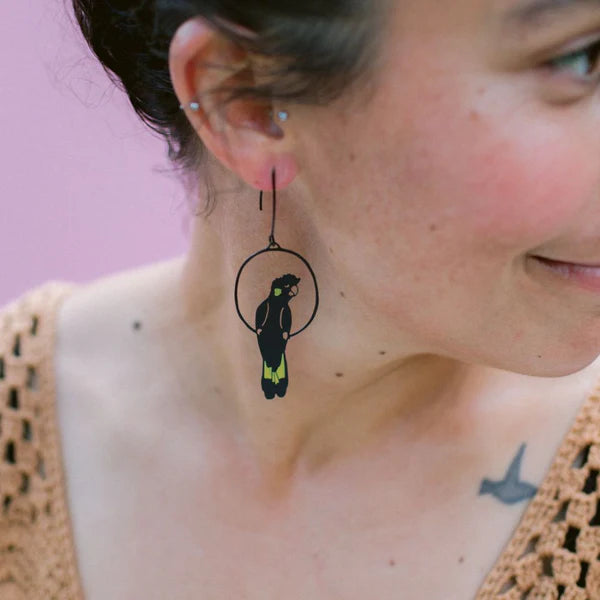 DENZ & CO- Yellow Tailed Black Cockatoo in Colour- DANGLE EARRINGS