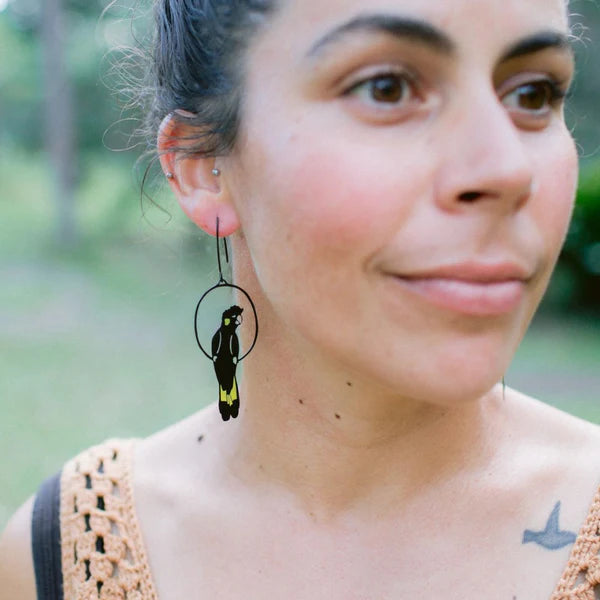 DENZ & CO- Yellow Tailed Black Cockatoo in Colour- DANGLE EARRINGS