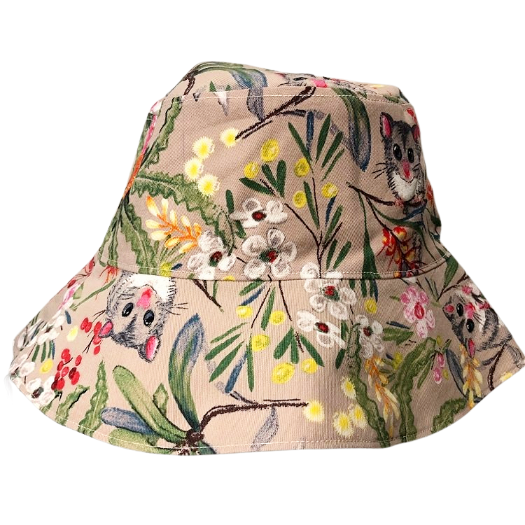Teacups n Quilts- Beige Possum and Banksia Fabric Hat- Adult Size