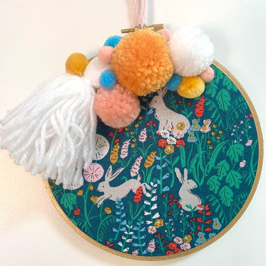 THIS BIRD HAS FLOWN- "BUNNIES & FLOWERS" Medium Embroidery Hoop Easter Decoration