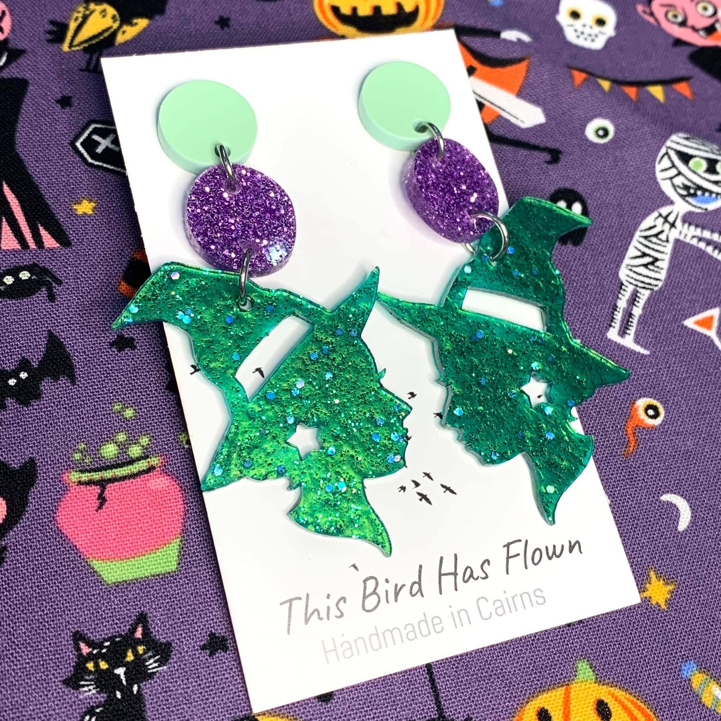 THIS BIRD HAS FLOWN- HALLOWEEN WICKED WITCH TRIPLE STUD DANGLES