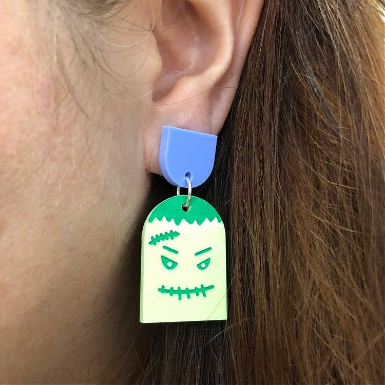 MAKIN' WHOOPEE - "Franken Head" Stud Dangle Halloween Earrings- Green