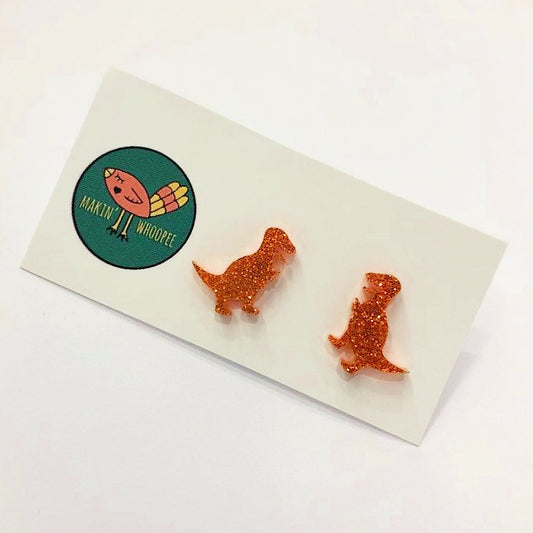 MAKIN' WHOOPEE - "T Rex" Dinosaur Stud Earrings - Orange Glitter