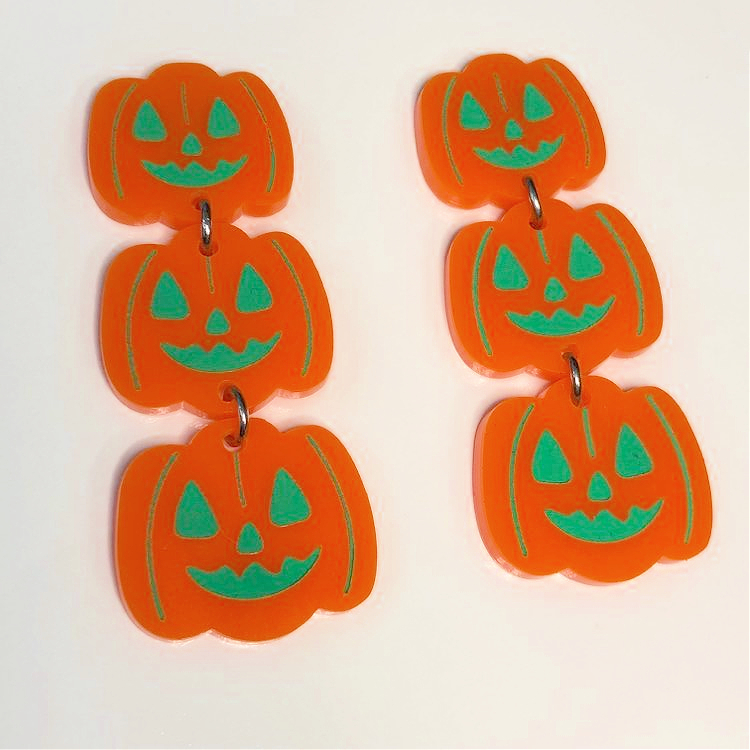 MAKIN' WHOOPEE - "Pumpkin Pile" Stud Dangle Halloween Earrings- Green Trims