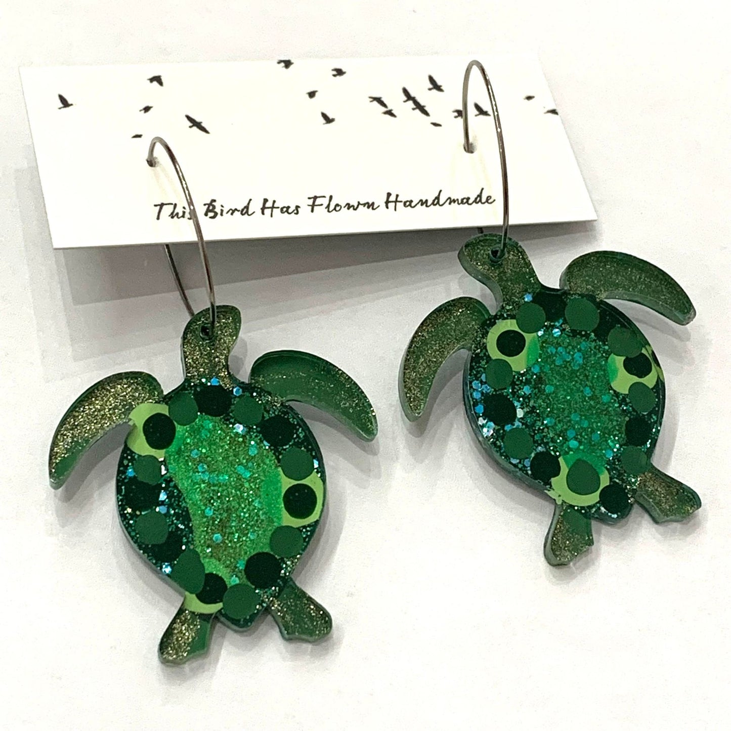THIS BIRD HAS FLOWN- Turtle Hoop Dangles- Dark Green