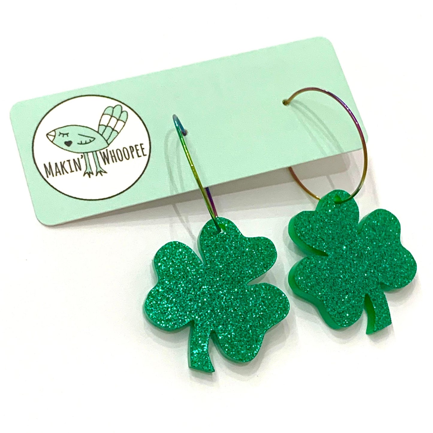 MAKIN' WHOOPEE - Small Emerald Lucky Clover Hoop Dangle Earrings