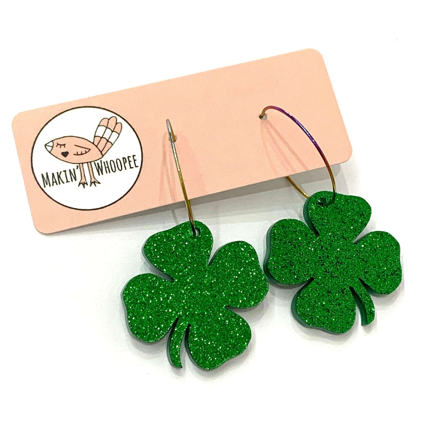 MAKIN' WHOOPEE - Small Irish Green Lucky Clover Hoop Dangle Earrings