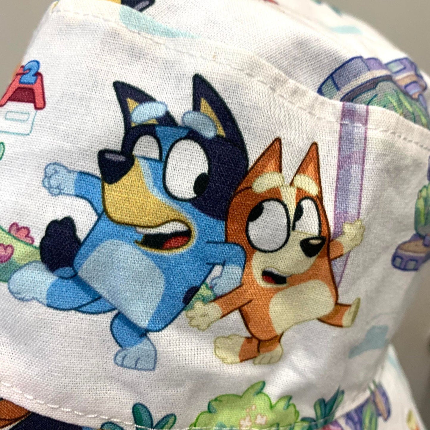 Teacups n Quilts- Bluey & Bingo White Fabric Hat- Kids Size Medium