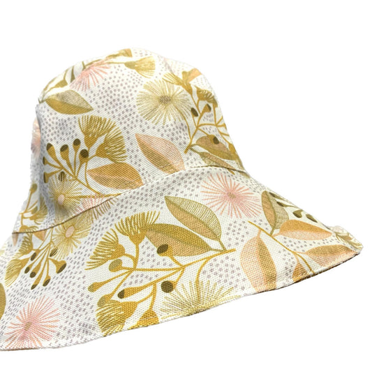 Teacups n Quilts- Mustard Gum Flowers Fabric Hat- Adult Size