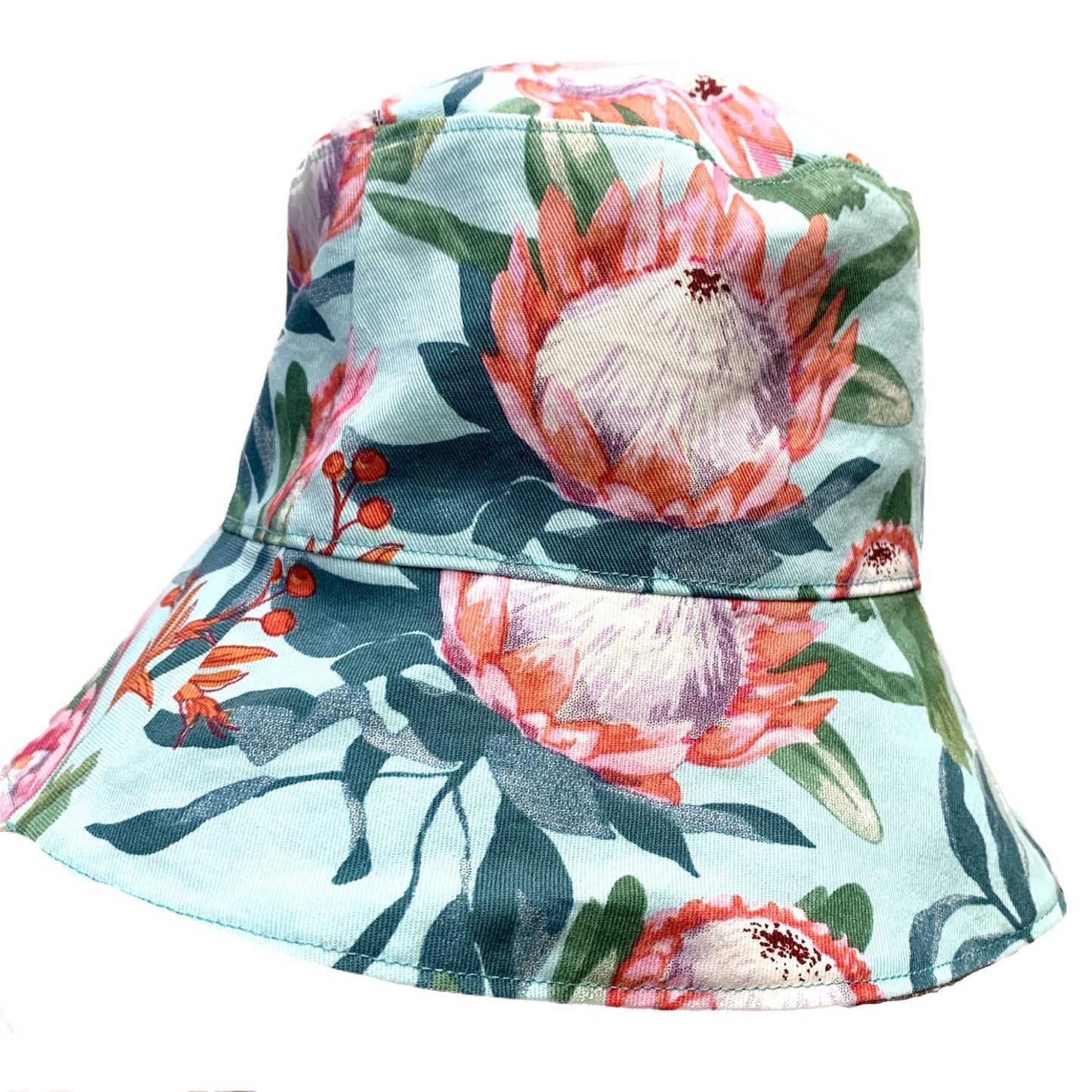 Teacups n Quilts- Light Blue Fabric Hat with Protea Print- Adult Size