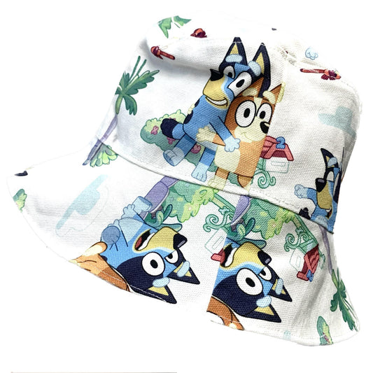 Teacups n Quilts- Bluey & Bingo White Fabric Hat- Kids Size Small with Chin Strap
