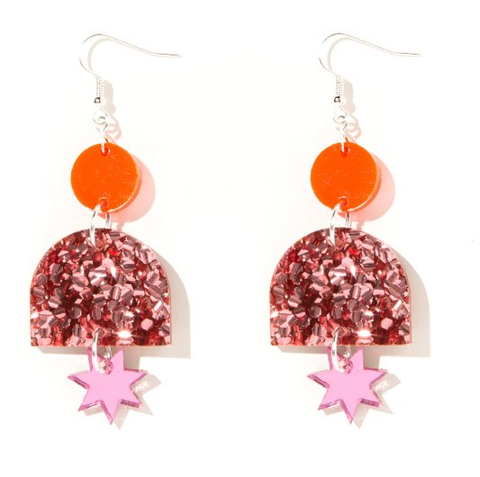 Emeldo- Alexa Earrings // Neon Red, Rose pink glitter + pink mirror