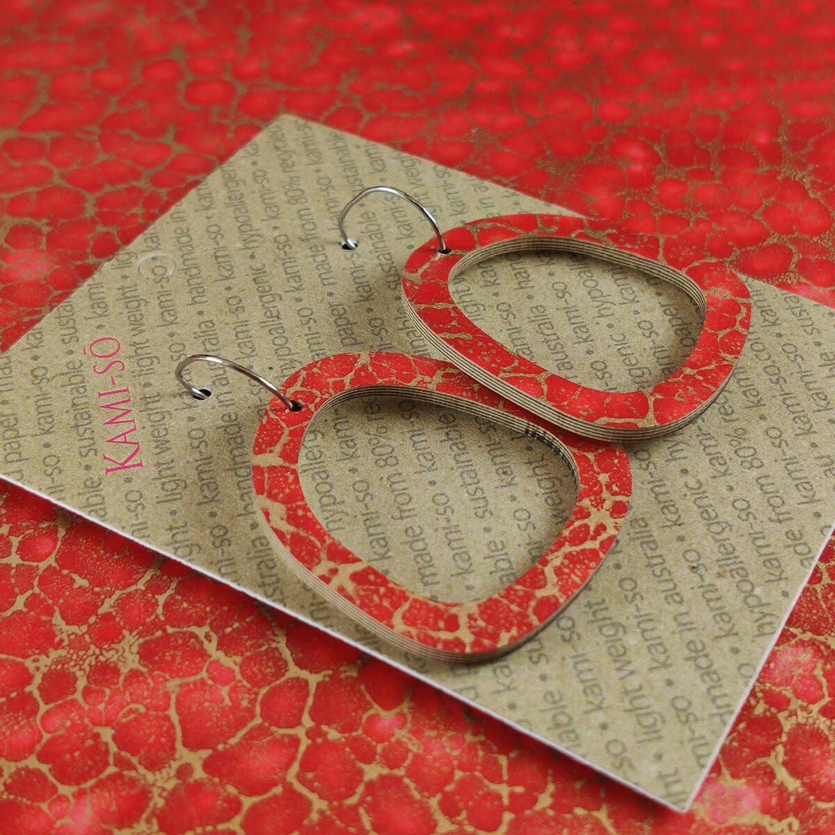KAMI-SO- Square Recycled Paper Earrings - Red & Gold Crackle: Small Hoop