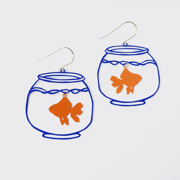 DENZ & CO - Large Goldfish bowls blue/orange painted steel - DANGLE EARRINGS